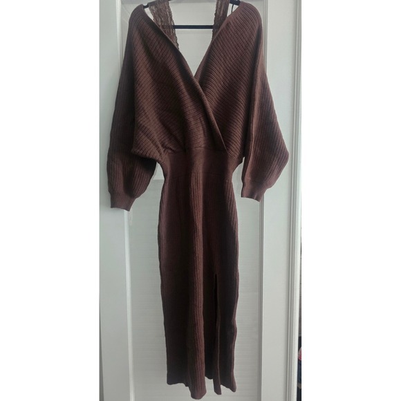 Cider Dresses & Skirts - Cider Brown Ribbed Knit Surplice Wrap Midi Sweater Dress Lace Trim 0XL NEW